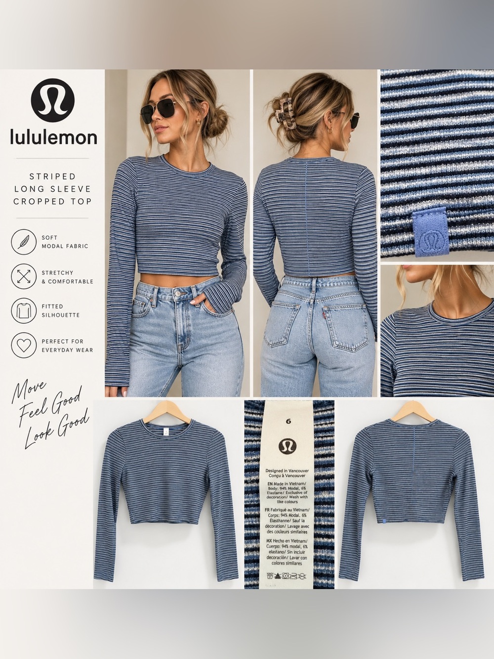 Lululemon Blue Striped Modal Long Sleeve Cropped Top Size 6